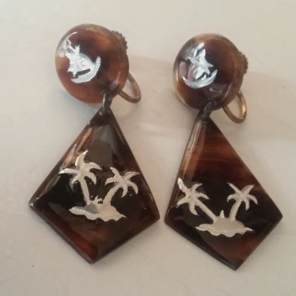 Screw On Earrings Brown With SIlver Markings 1 3/4" Long 3/4" Across